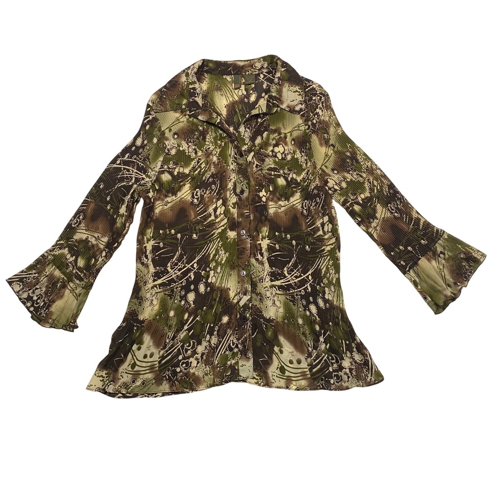 SERE NADE Y2K Vintage Sheer Crinkle Button-Up Blouse 2X Green Brown Fairy Grunge